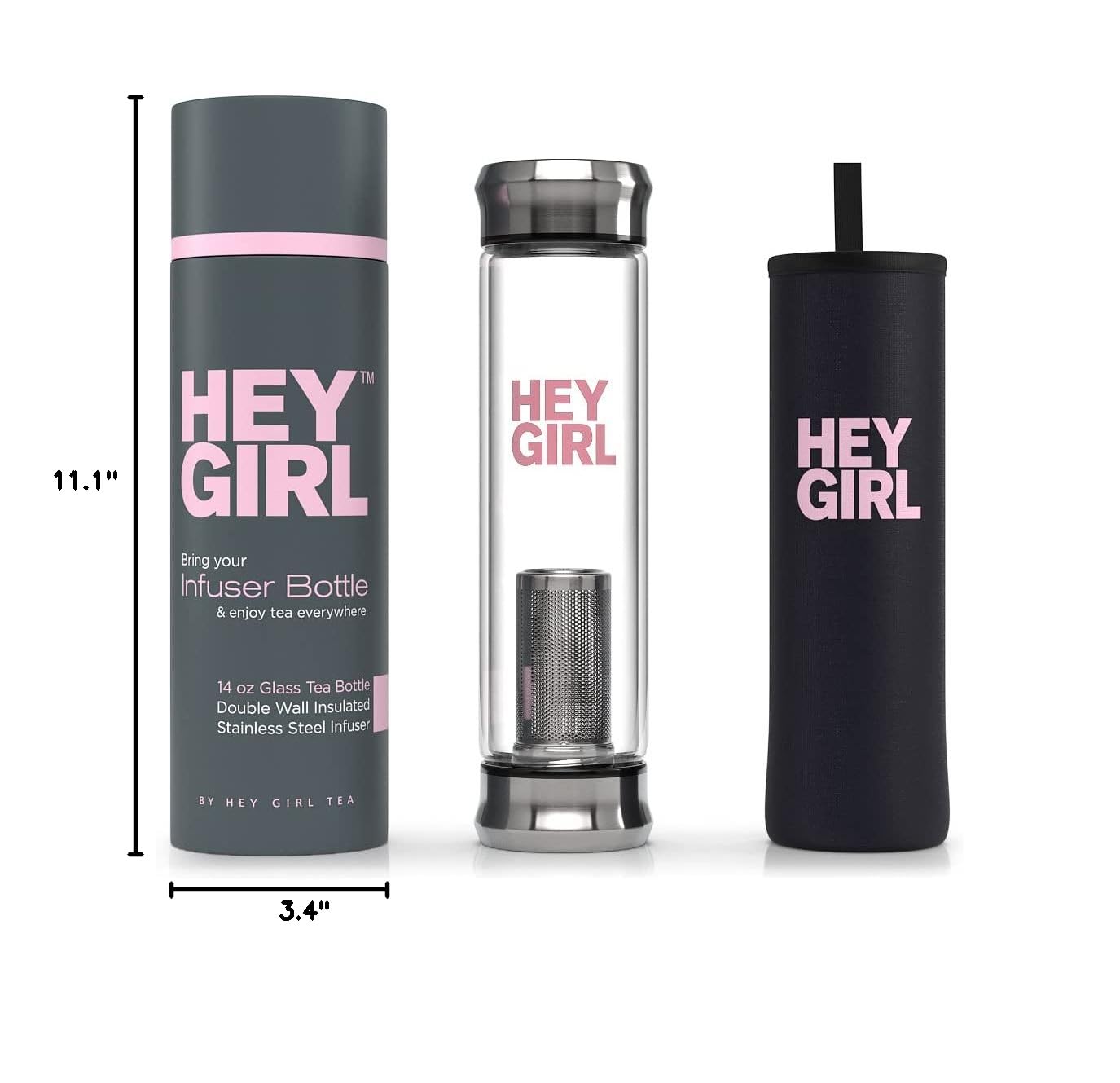 Crystal Water Bottle with Rose Quartz & Amethyst Crystal - Reusable Glass Water Bottles | Tea Infuser Mug Tumbler with Strainer for Loose Leaf Tea - Herbal, Fruit, Gem Infused Water or Tea On The Go