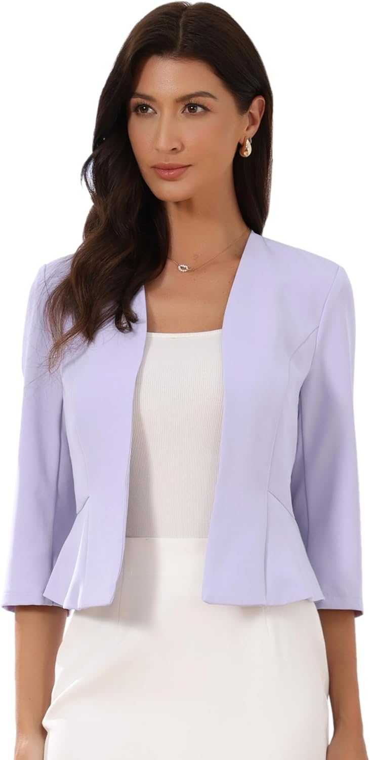 Elegant Crop Blazer for Women's Open Front Collarless 3/4 Sleeve Peplum Business Suit Jacket