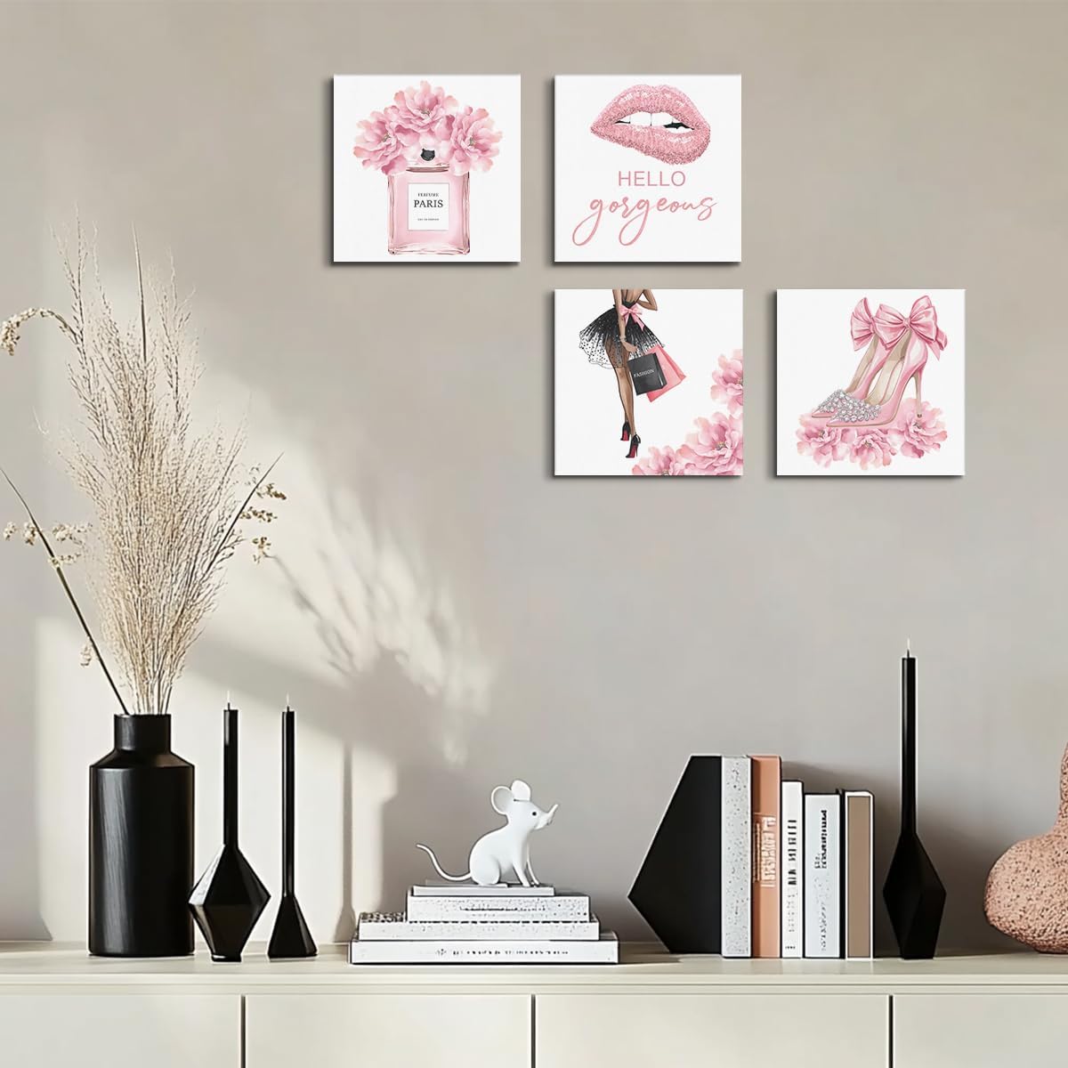 4 Pcs Pink Fashion Canvas Wall Art, Perfume High Heels Lipstick Beauty Wall Decor, Aesthetic Framed Posters Art Prints Artwork Pink Pictures for Women Girls Room Apartment Vogue Living Room Decor