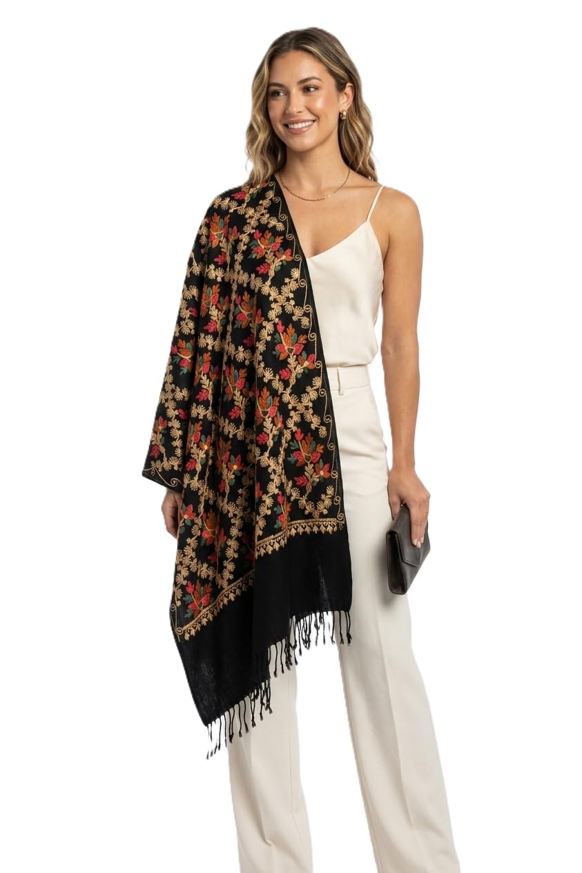 Pure Cashmilon Kashmiri Embroidery Shawls, Stoles for Women, (80 x 28 inch)-image-6