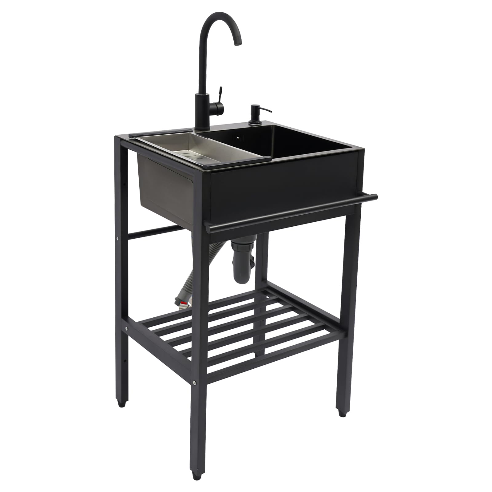 Lavello autoportante, in acciaio inox, nero, singolo, portatile, con rubinetto, cestello per sapone, per esterni, gastro, giardino, campeggio, 55 x 45 x 86 cm