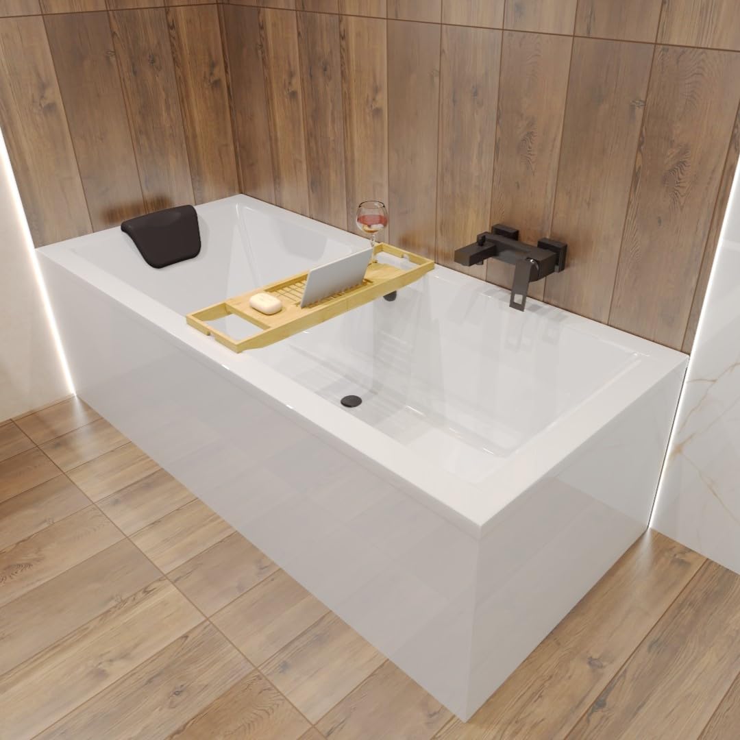 BADLAND Premium Set 5in1 Badewanne Rechteck Acryl Weiß Wanne QUADRO 175x80 cm, Made in EU + Verkleidung (Styropor) + Nackenkissen KODI, Moderne Design, mit Ablaufgarnitur und Füßen