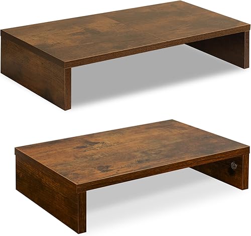 TEAMIX Soporte elevador de monitor de madera marrón rústico de 20 pulgadas + 14.2 pulgadas, soporte de monitor de madera para escritorio, TV,
