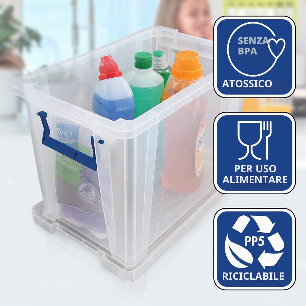 Bankers Box Prostore 4 scatole porta oggetti in plastica con coperchio, 2x5,5 L + 1x18,5 L + 1x10 L, impilabili, scatole per armadio super resistenti, contenitori plastica trasparente, 4 unità