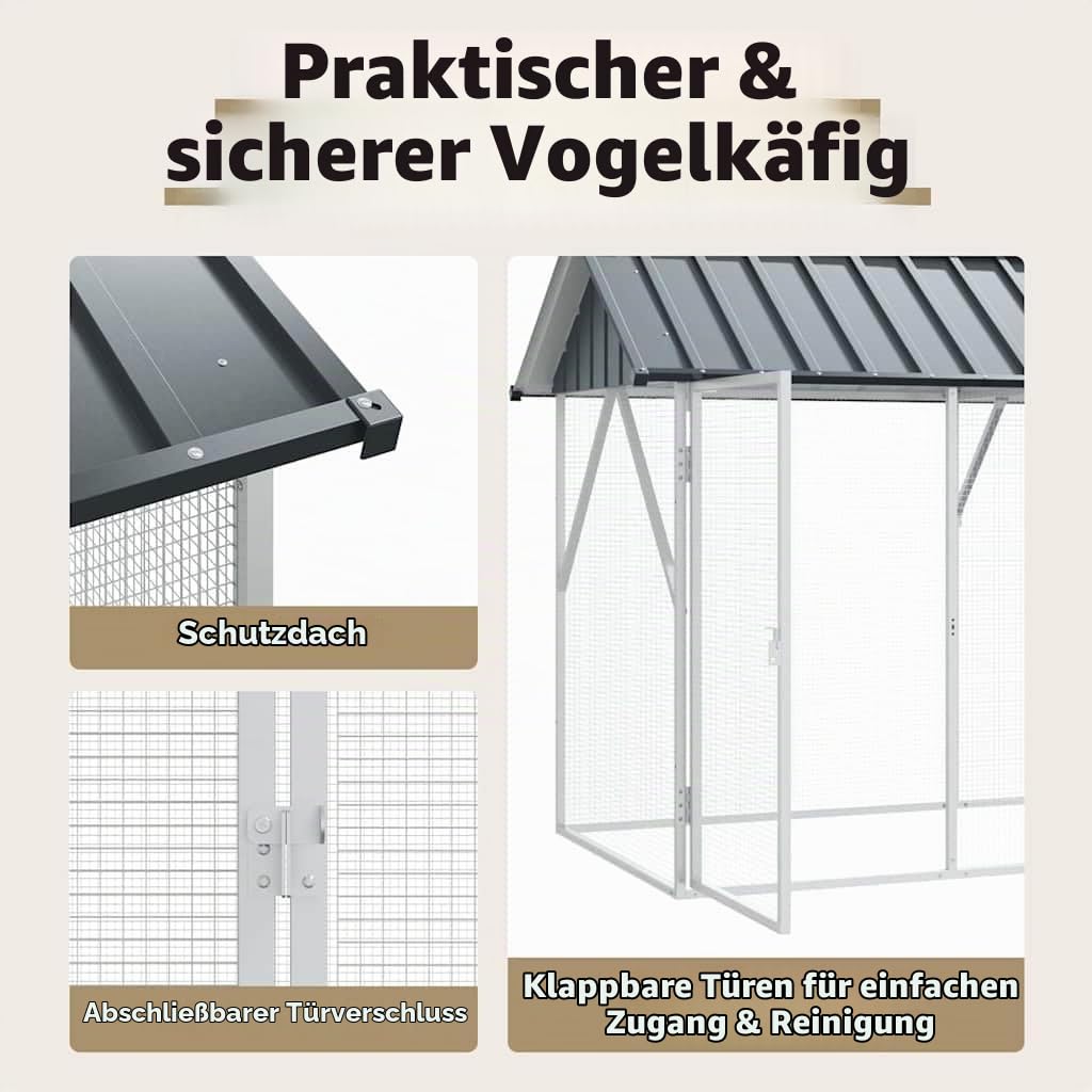 vidaXL Vogelkäfig Anthrazit 227 x 310 x 247 cm Verzinkter Stahl, Garten und Terrasse, modernes Vogelschutzhaus, rechteckiger Käfig, geräumiger Lebensraum