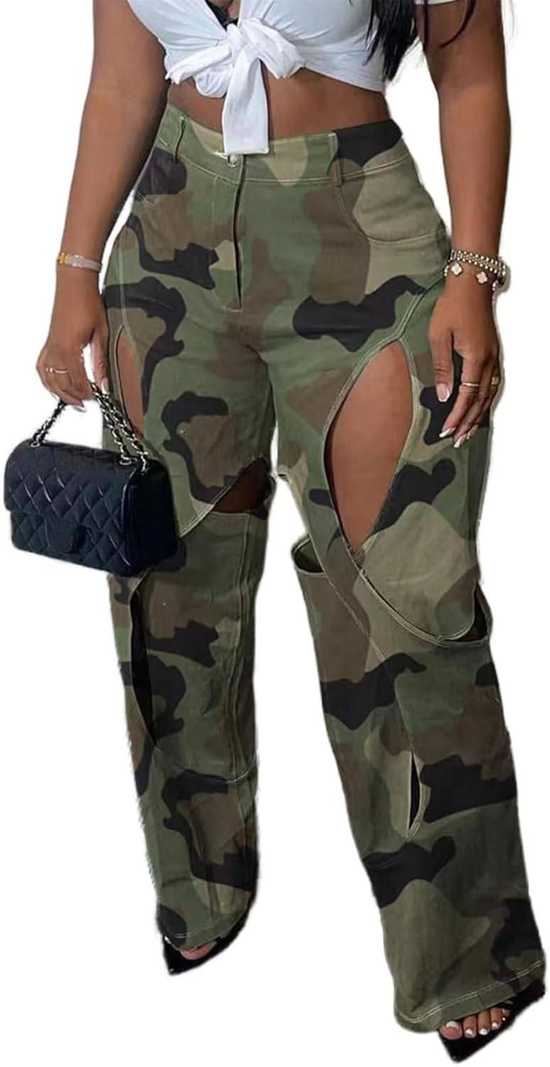 Lucuna Women's Camo Cargo Pants High Waist Y2K Baggy Cut Out Straight Leg Casual Trousers Streetwear