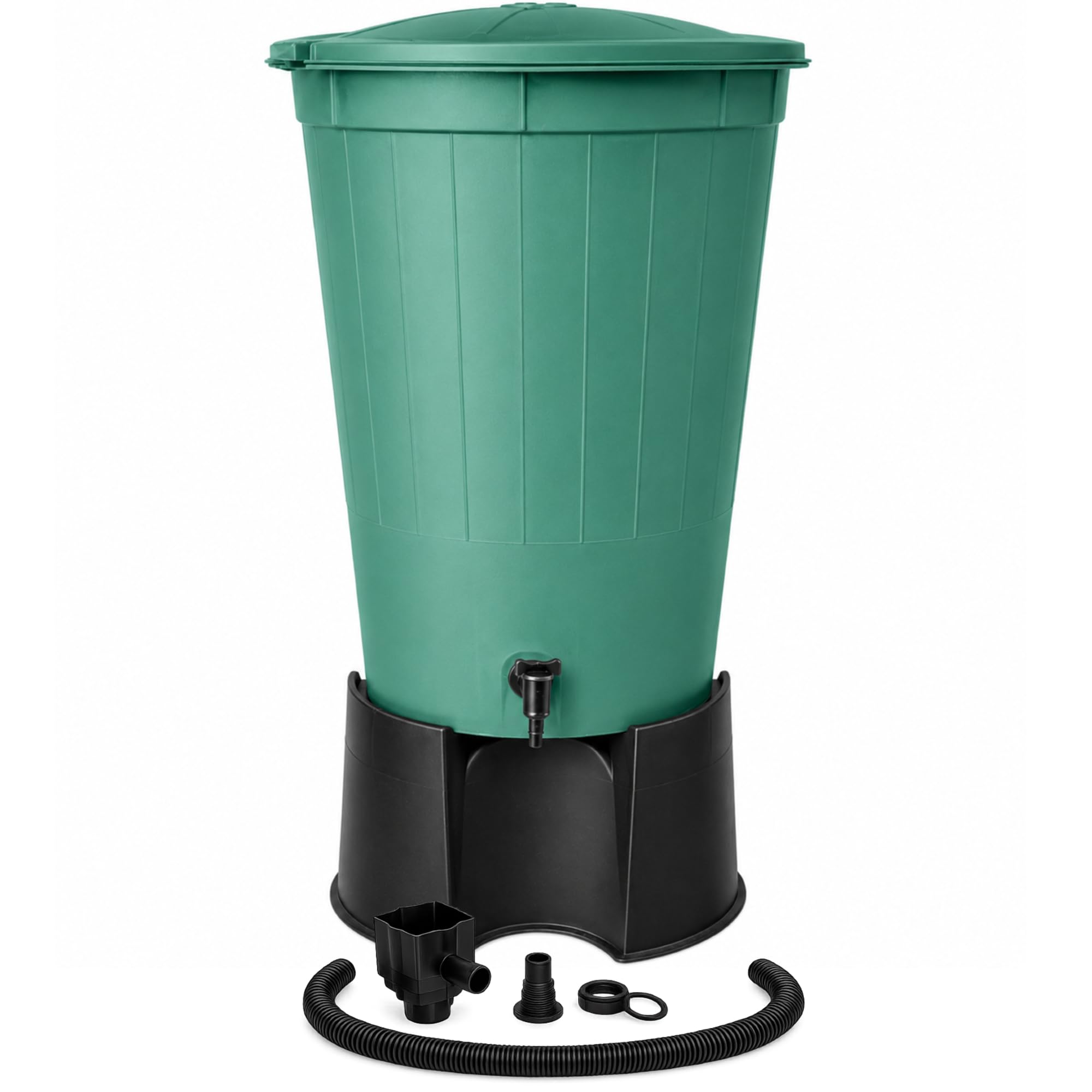 200L Water Butt Kit with Stand, Lid, Tap, Diverter Kit & 1m Hose – Large Rainwater Collection Tank for Garden Water Storage – UV Resistant Plastic – Green