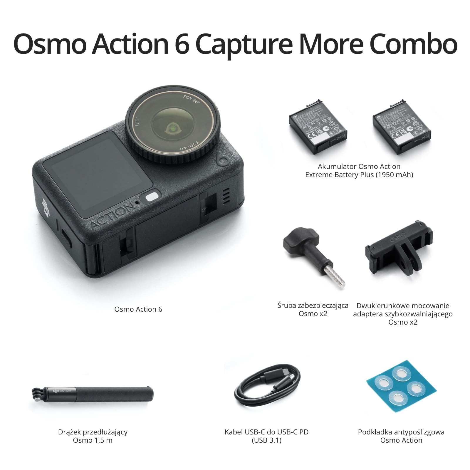 DJI Osmo Action 6 Capture More Combo, kamera sportowa 8K do różnych scenariuszy | 1/1.1″ Square Sensor, f/2.0–f/4.0 Variable Aperture, Cold-Resistant Design, 4hrs Battery, With 1.5m Extension Rod