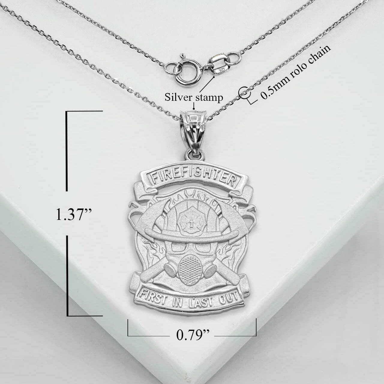 Claddagh Gold Firefighter First in Last Out Fireman First Responder Rescue Badge Silver Pendant Necklace with Rolo Chain