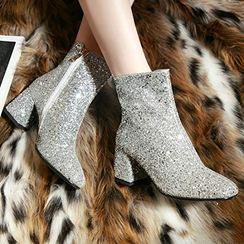 Mavmax Women's Sequin Glitter Ankle Boots Chunky Heels Sparkly Booties Us 9, Silver #TOP5