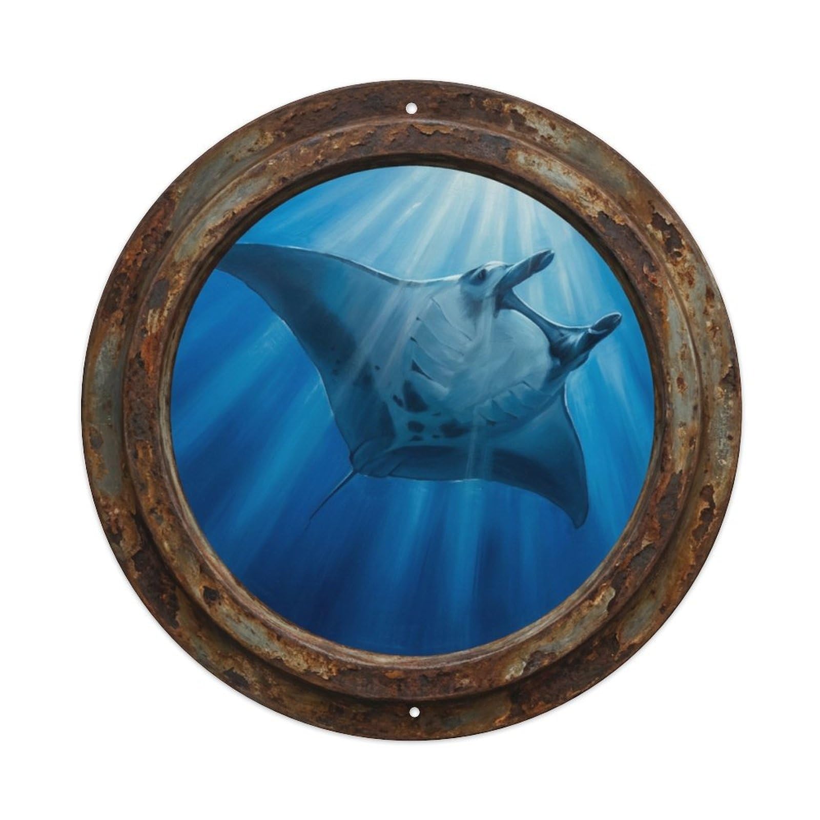 Vintage Porthole Manta Ray Glide Ship Window Undersea Deep Metal Tin Sign