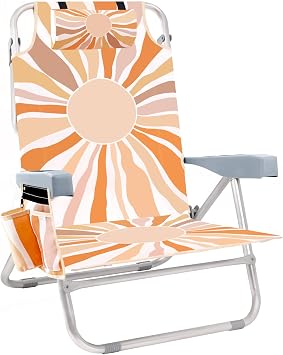 Beach Chair for Adults, 5 Position Lay Flat Backpack Beach Chair with Cooler, Cup Holder and Storage Bag, Portable Folding Heavy Duty Beach Lounger for Outdoor, Lawn, Camping, Festivals-Boho Sun
