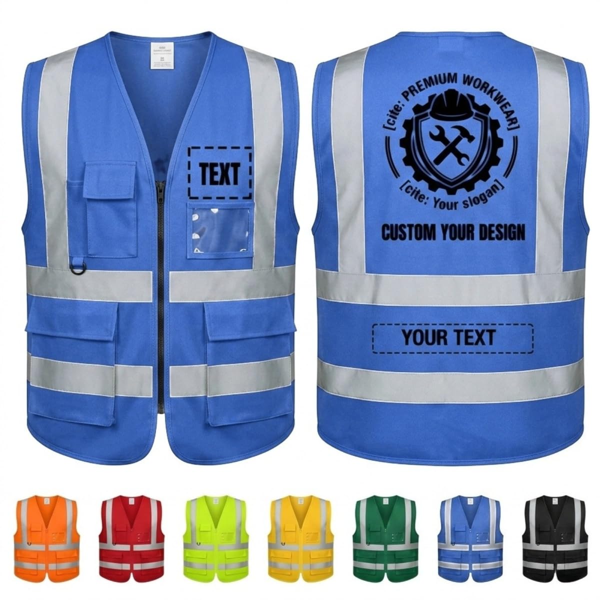 Customised High Visibility Safety Vest for Construction – Hi Vis Waistcoat with Zip, 50MM Reflective Strips, 3 Pockets + ID & Pen Holder – Personalised Workwear BULE-XL