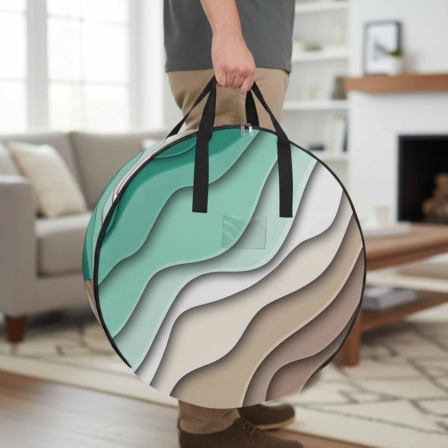Abstract Geometric Round Storage Bag 36 Inch, Green Brown Gradient Waves Beach Clothes Storage Container with Handles Heavy Duty Organizer for Comforter, Bedding & Holiday Wreaths