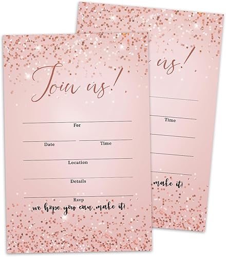 Juego de 25 invitaciones de oro rosa para todas las ocasiones con sobres. Únete a nosotros, invitaciones de oro rosa para despedida de soltera,