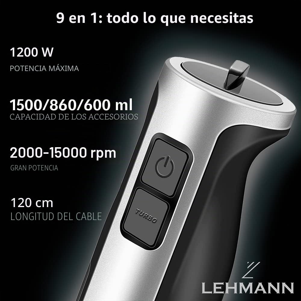 LEHMANN Chopsui Batidora de Mano 1200W, Multifuncional Batidora Mano Acero Inoxidable, 8 Ajustes de Potencia Más Turbo, Set Accesorios, Ideal para Papillas, Sopas, Batidos, Purés, Salsas