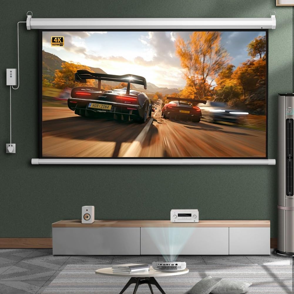 Schermo per Proiettore Motorizzato da 60 72 84 Pollici con Telecomando, 4K HD Bianco Opaco, Montaggio a Parete/Soffitto per Home Theater, Ufficio(60"(4:3))