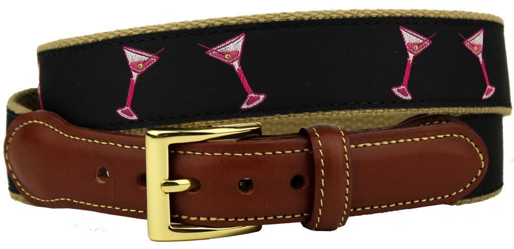 Country Club Prep Shaken, Not Stirred, Dancing Martini Glasses Leather Tab Belt in Black
