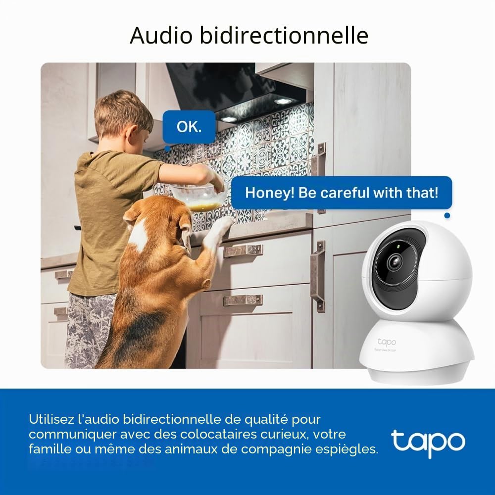 Tapo TP-Link C230, 3K 5MP, Support IA, Suivi de Mouvement, Vision Nocturne à 360°, Communication vocale bidirectionnelle, Stockage Cloud/Local, détection de Pleurs de bébé, caméra de sécurité Wi-FI