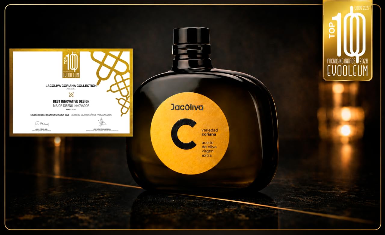 Aceite de Oliva Virgen Extra Alto en Polifenoles (755 mg/kg) 0,5 L, Prensado en Frío, Cosecha Temprana, Variedad Coriana, Sabor Dulce al inicio y Picante agradable al final, Estuche Regalo Jacoliva