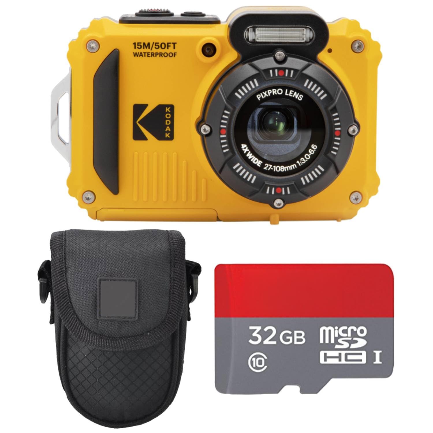 Kodak PIXPRO WPZ2 Ensemble appareil photo numérique robuste et étanche avec étui noir et carte microSDHC 32 Go (jaune)