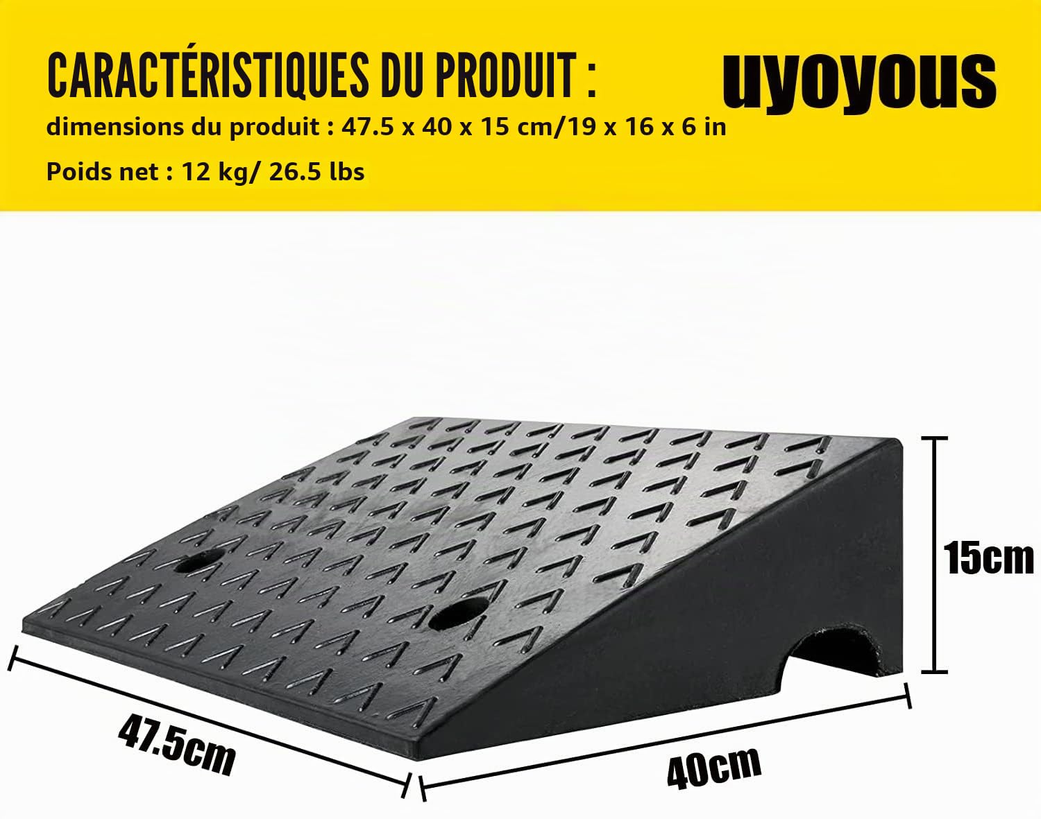 uyoyous Rampe de trottoir en caoutchouc, hauteur 15 cm, capacité de charge 15 T, texture antidérapante, pour voiture, fauteuil roulant, camping-car