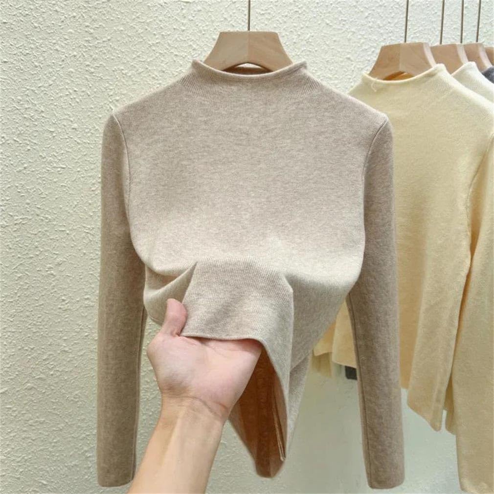 Women Solid Color Half High Collar Base Knitted Shirt Top Long Sleeved Bottoming Sweater Clothes