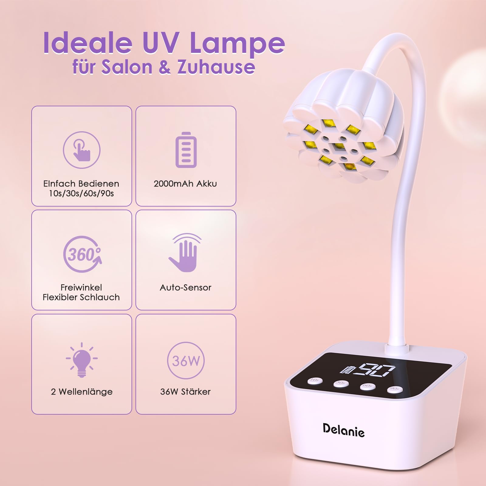 Delanie Mini UV Lampe für Nägel Schnelltrocknung mit Auto Sensor & Anzeige, Wiederaufladbare Nagel UV Lampe Schwanenhals 360° einstellbar mit 4 Timer-Modus, tragbare UV Nagellampe für Gelnägel