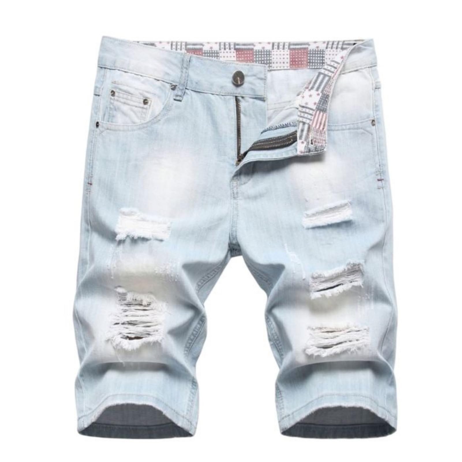 Męskie spodenki jeansowe z nadrukiem w stylu "used look", prosty krój, długość do kolan, sprane, letnie szorty