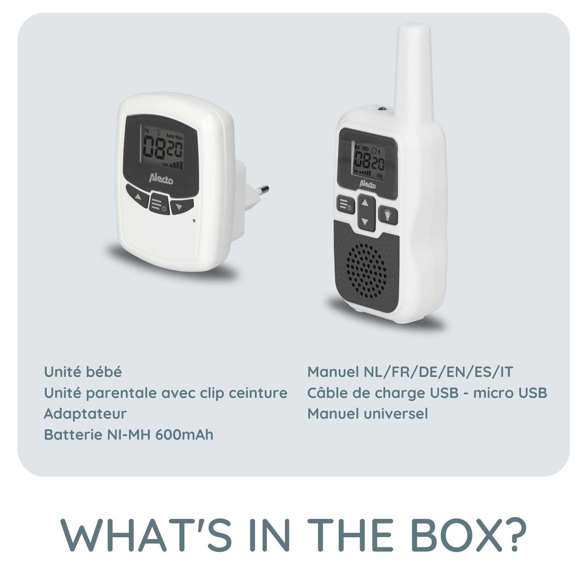 Alecto bébé DBX80 Babyphone Audio, Babyphone Longue Portée, sans Fil - Portée jusqu'à 3000 mètres - Longue autonomie en Veille (jusqu'à 9 Heures) - VOX - Sensibilité réglable - Extensible - Blanc
