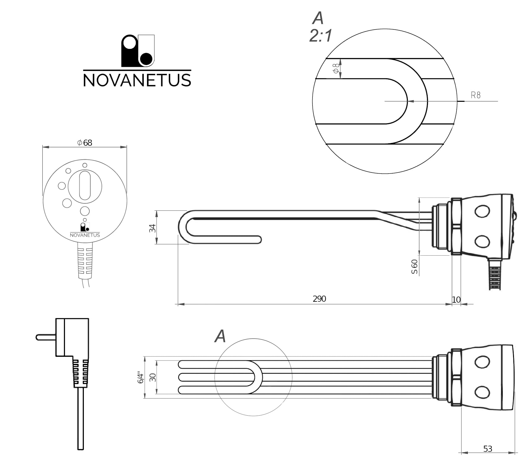 GEBN 6/4" 2kW 2000W 230V Riscaldatore ad Immersione Resistenza a Cartuccia per Caldaia Bollitore per Accumulo Acqua Calda INOX e Smaltato con Termostato