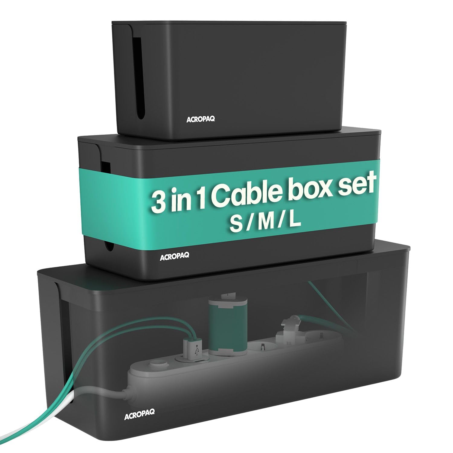 ACROPAQ Cable Box - 3-in-1 Set, Small (23.5 x 12 x 11.5 cm), Medium (32 x 13.2 x 12.7 cm), Large (40.6 x 15.6 x 13.4 cm), Plastic, Black - Cable Management Box, Organizer — image 1