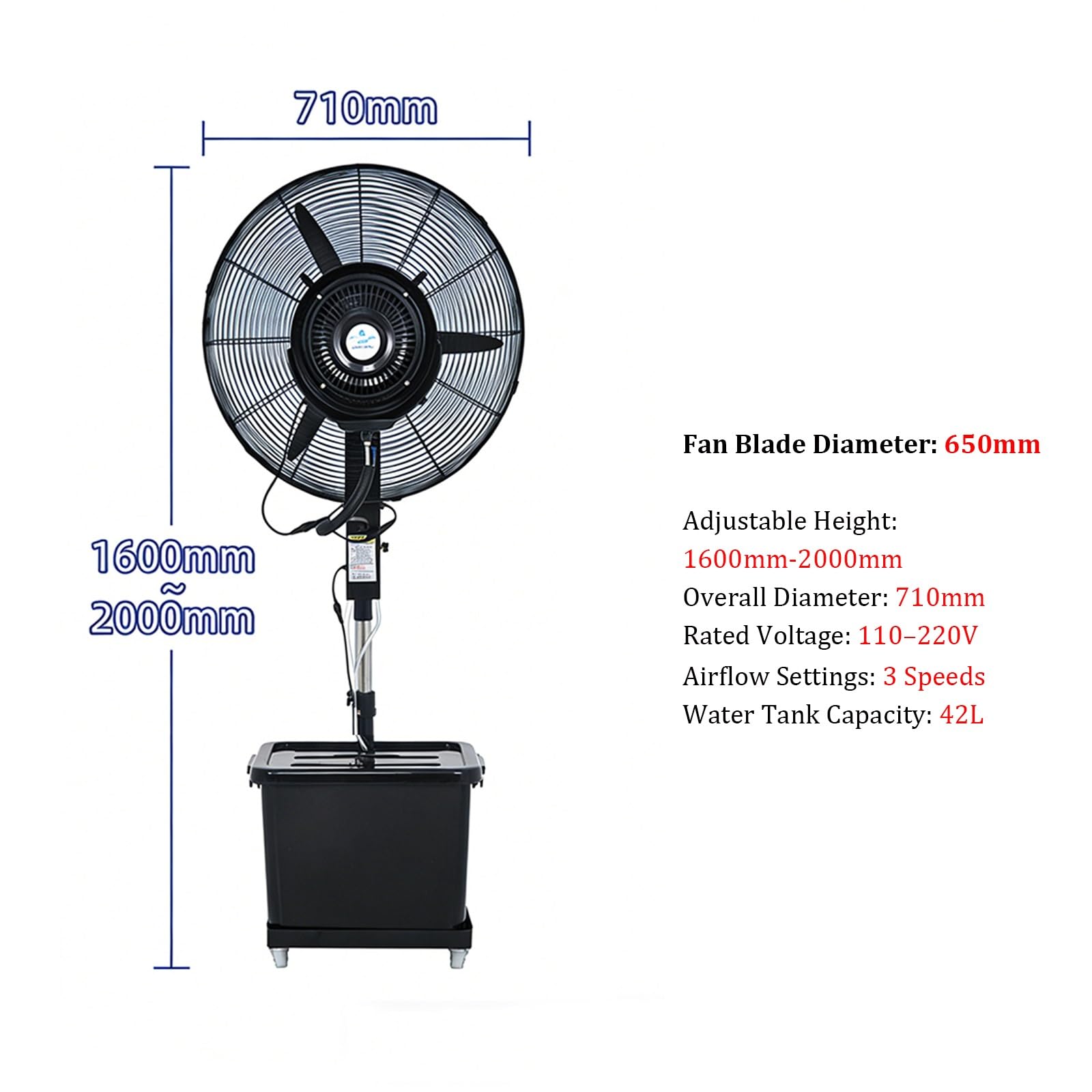 Ventilatore nebulizzatore oscillante da esterno, ventilatore a piantana oscillante silenzioso, altezza regolabile e 3 velocità, serbatoio dell'acqua da 42 litri, ventilatore(65cm)