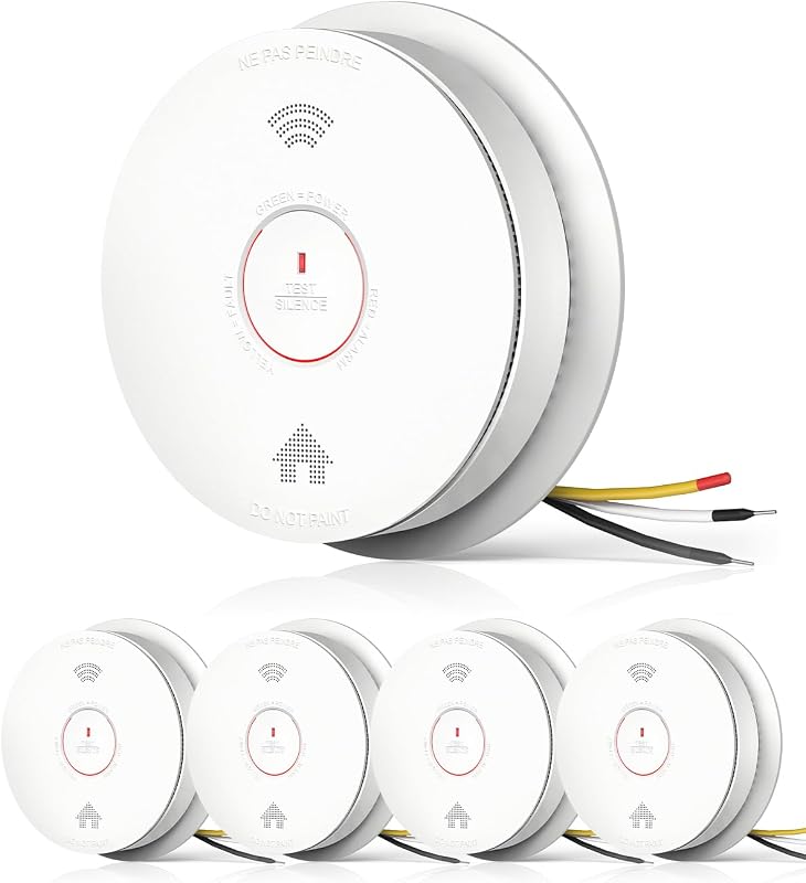 SITERWELL Hardwired Interconnected Smoke Detector Carbon Monoxide Detector Combo with 2 AA Batteries, 2 in 1 Smoke and CO Detector with Voice Alert, Smoke and CO Alarm with Self-Check (5 Packs)