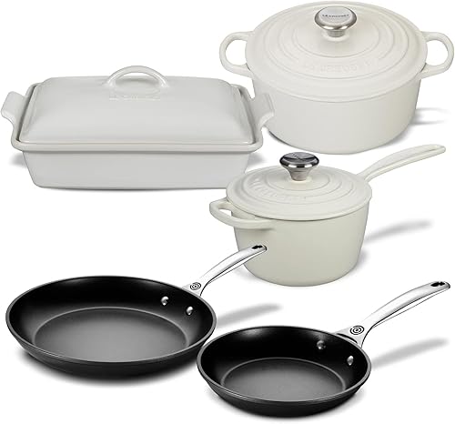 Le Creuset Juego completo de 8 piezas de hierro fundido esmaltado multiusos con pomos SS gres y sartén antiadherente endurecida PRO - Blanco