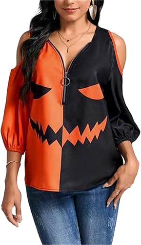 Camisa de calabaza de Halloween para mujer, con cara de farol, media cremallera, camiseta con estampado de calabaza de otoño