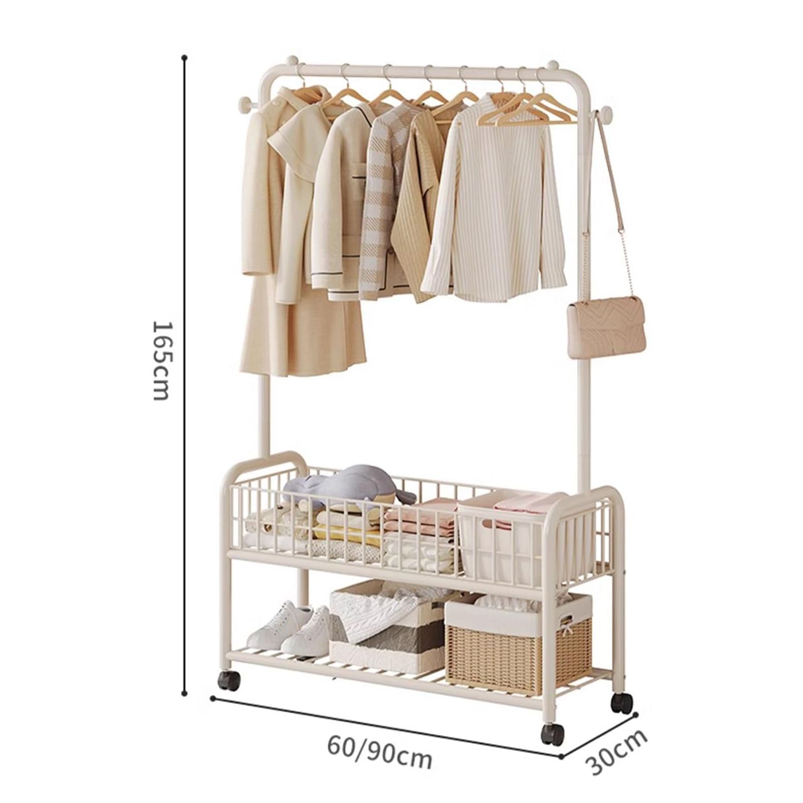 Robuster Roll-Kleiderständer aus Metall mit Rollen und 5 Staubbeuteln, 2-stöckige Aufbewahrung für Kleidung, Hüte, Schuhe und Accessoires, Schwarz, 60 x 30 x 165 cm