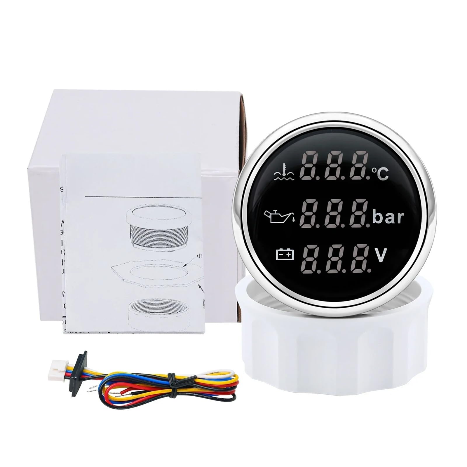 Wskaźnik samochodowy 3 w 1 Temperatura wody + Ciśnienie oleju + Woltomierz, Wodoodporny wskaźnik samochodowy z cyfrowym czerwonym podświetleniem 52 mm Uniwersalny(Black)