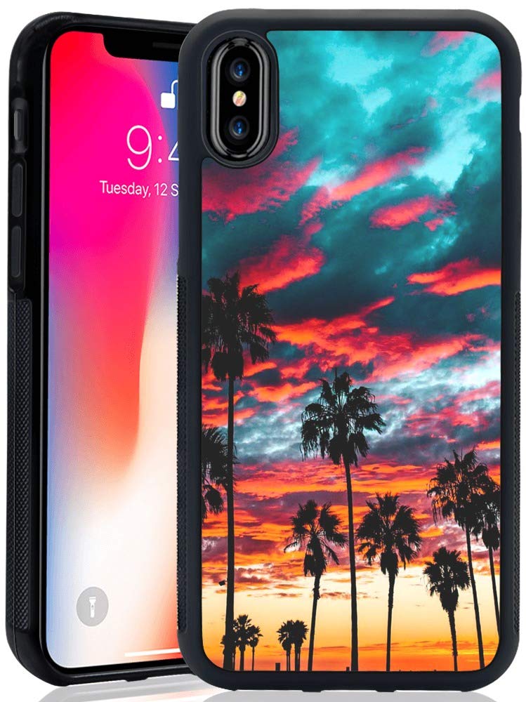 Phone Case for iPhone Xs iPhone X - iNeworld Black TPU and PC Soft Rubber Protection Anti-Slippery &Fingerprint Case for iPhone Xs iPhone X(Palm Tree Cloud)