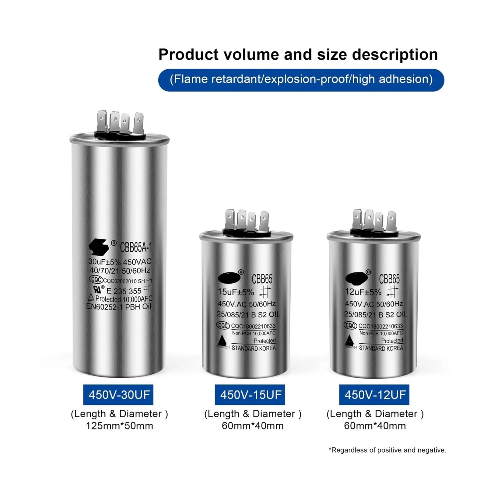 2 condensadores de Arranque de Motor CBB65 de 450 V CA, 5 UF, 6 UF, 15 UF, 20 UF, 25 UF, 30 UF, 35 UF, 40 UF, 45 UF y 50 UF.(90UF)