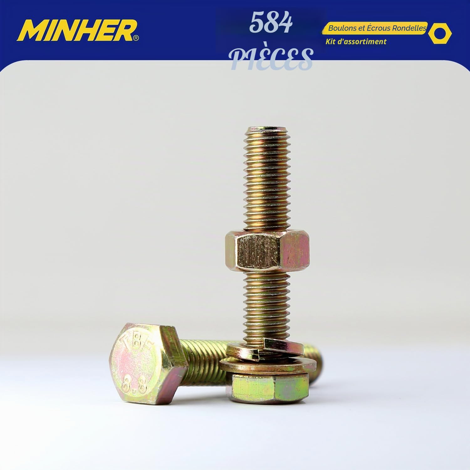 MINHER 584 Pcs M6 M8 M10 Boulons et écrous de Sortilège Rondelles Ensemble 8.8 Acier allié de Coin Extérieur Vis Hexagonale