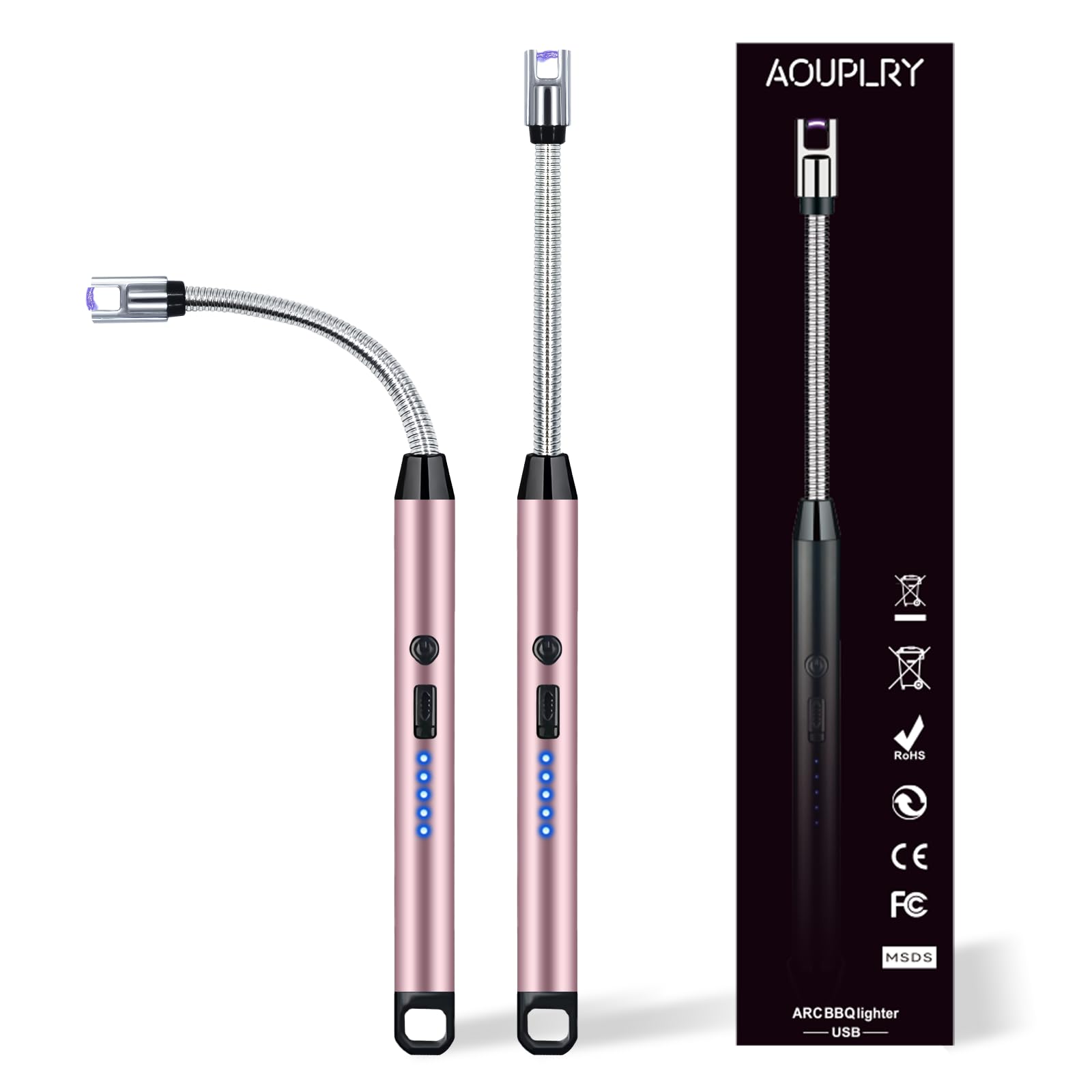 Candle Lighter, 2 PCS Rechargeable USB Electric Lighter Windproof Flameless, 360° Flexible Neck & LED Display for BBQ, Grill, Camping, Fireplace, Stove(Rose Gold)