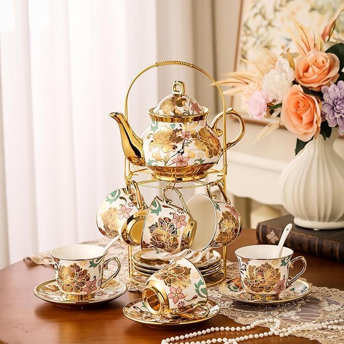 Image of DEEDECORWAVE Premium Ceramic Tea Set of 13 PCS Teapot (800ML) with 6 Cups (180ML Each), 6 Saucers & Holder Stand Elegant Gift for Tea Lovers Ideal for Home, Office & Parties (White)