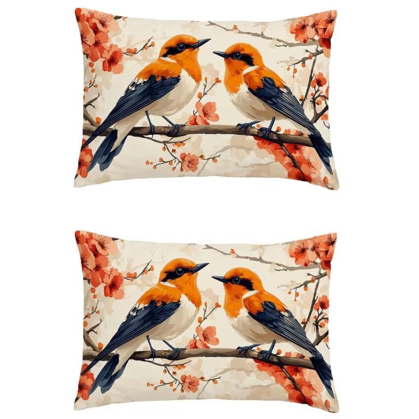 Housse de coussin orange de qualité supérieure en lin avec oiseaux M-152