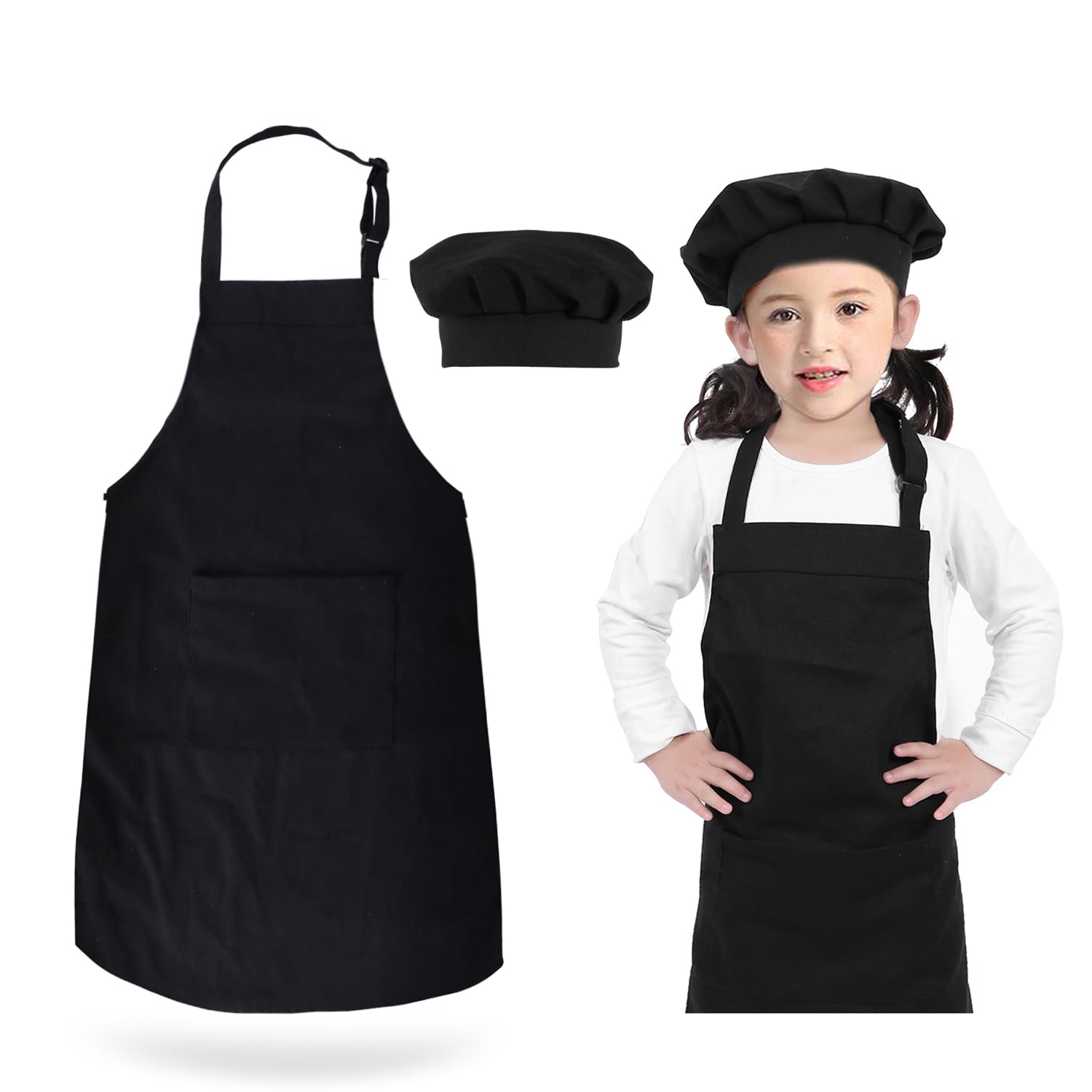 GNEGNI LIFE Kids Apron and Chef Hat Set, 2 Pcs Apron Set for children Adjustable Elastic Art Apron Anti-Fouling Bib Apron for Painting Cooking Boys and Girls
