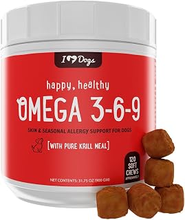 iHeartDogs Omega 3-6-9 for Dogs - Skin and Coat Fish Oil Supplement for Dogs with Pure Antarctic Krill Oil - Allergy & Itchy Skin Relief Chews, 120 Count