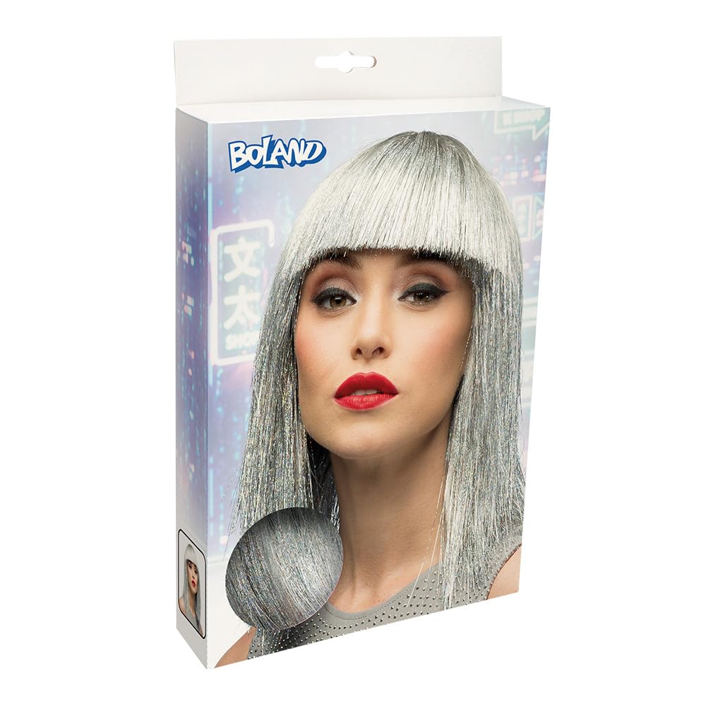 Boland Crazy Silver Glitter Wig for Adults, Sparkly Tinsel Fancy Dress Wig with Fringe for Parties Carnival, Festivals, Disco - Image 4