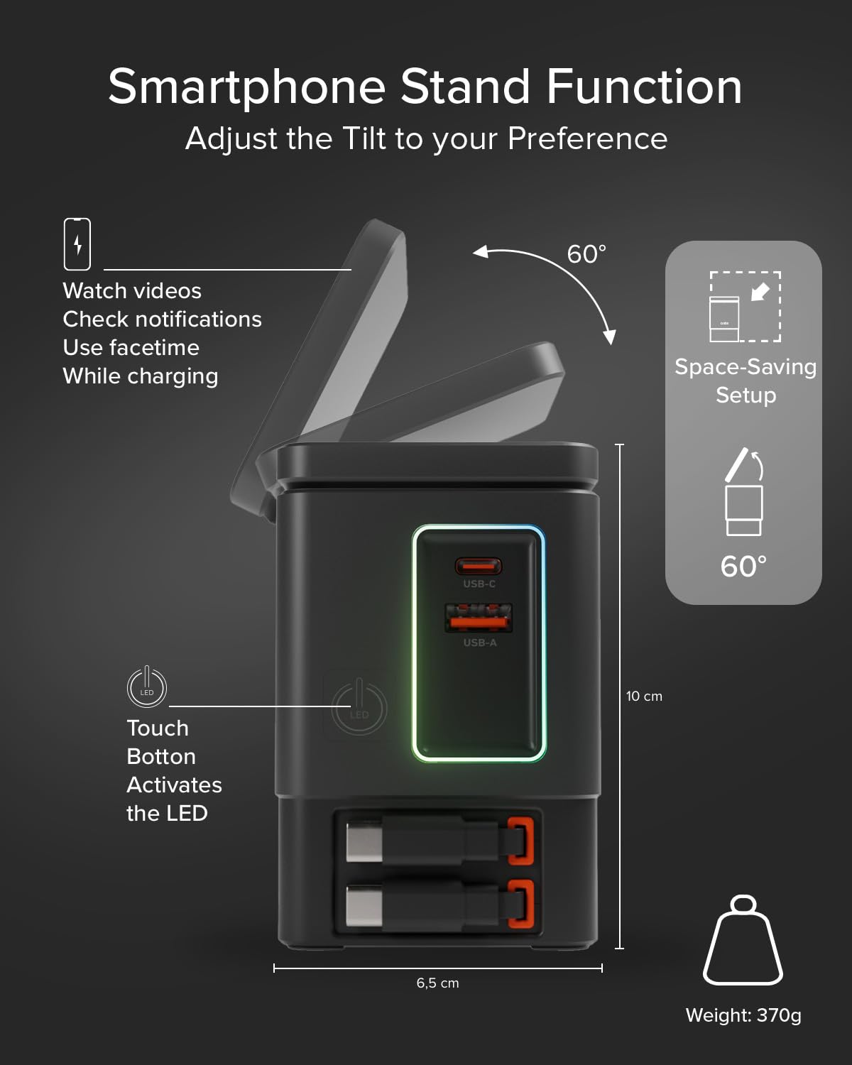 SBS Power Dock 6in1 100W USB-C, Recharge sans Fil 15W, Compatible MagSafe | Power Delivery (PD 3.0 PPS), Station de Recharge avec 2 Câbles Rétractables, Adaptateur pour Ordinateur, iPhone, Noir