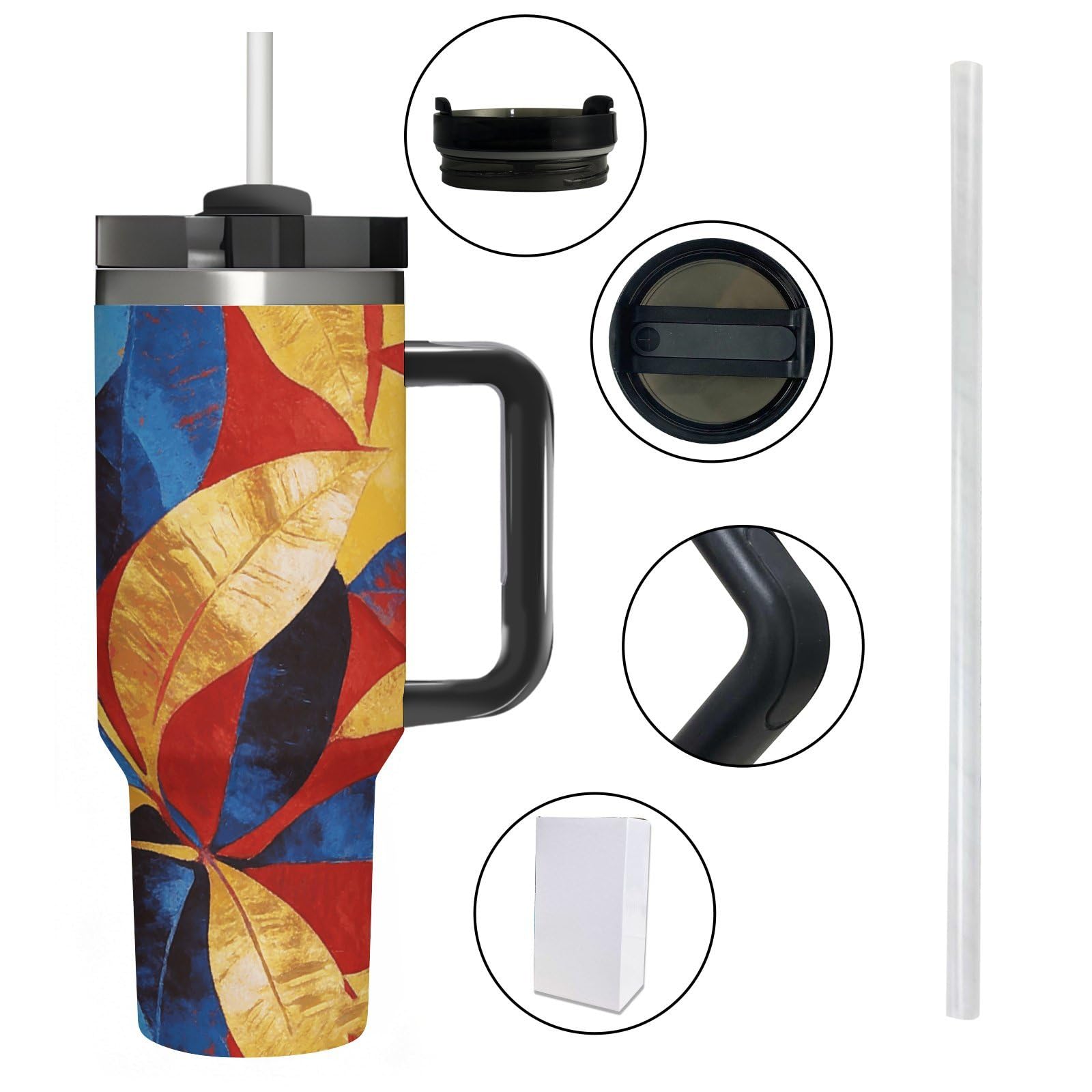 Tazza da caffè da viaggio con foglie astratte in acciaio inossidabile, tazza da caffè con coperchio e cannuccia, tazza con manico, grande capacità, doppia parete, sottovuoto, a prova di