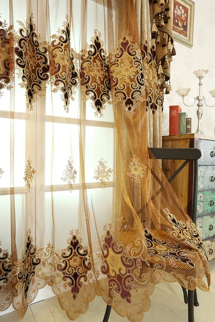 Rideaux brodés de Luxe européens pour Le Salon Rideaux pour Chambre à Coucher Marron Tulle Fenêtres Blackout Toile de Fond Valance-Tulle,W250cmxL250cm 1PC,Pull Plissé Tape